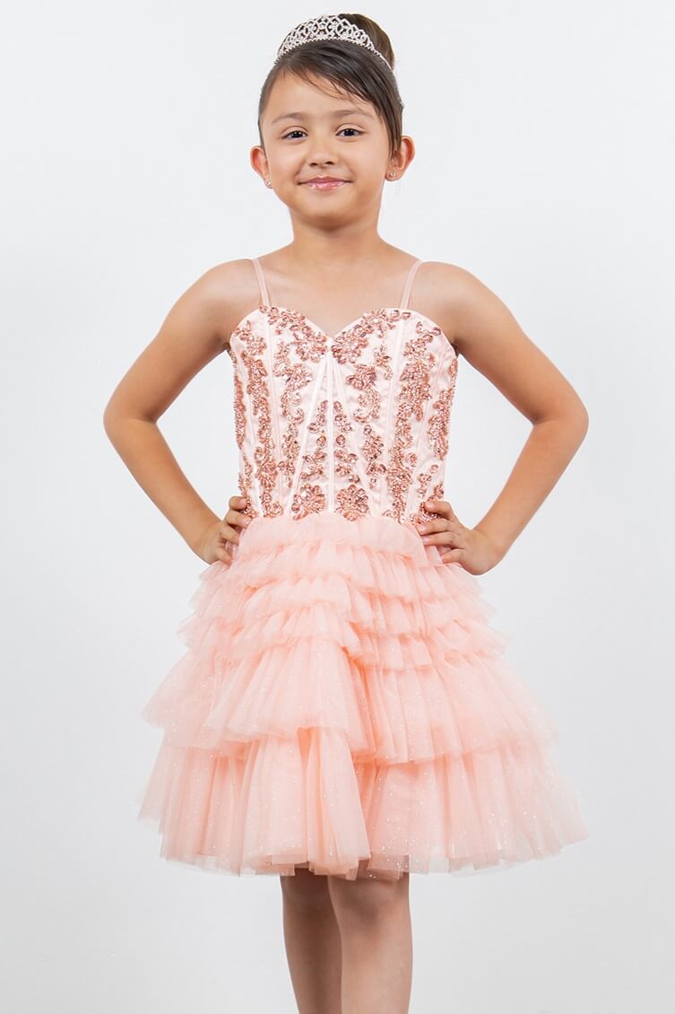 Blush Sweetheart Knee Length Glitter Tulle Party Corset Dress with Tiered Skirt Cinderella Couture 5133