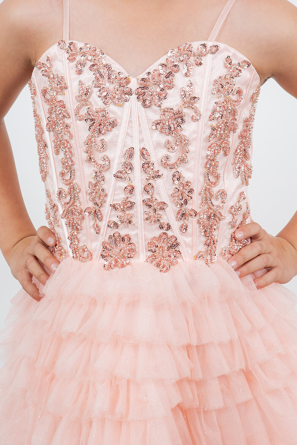 Blush Sweetheart Knee Length Glitter Tulle Party Corset Dress with Tiered Skirt Cinderella Couture 5133