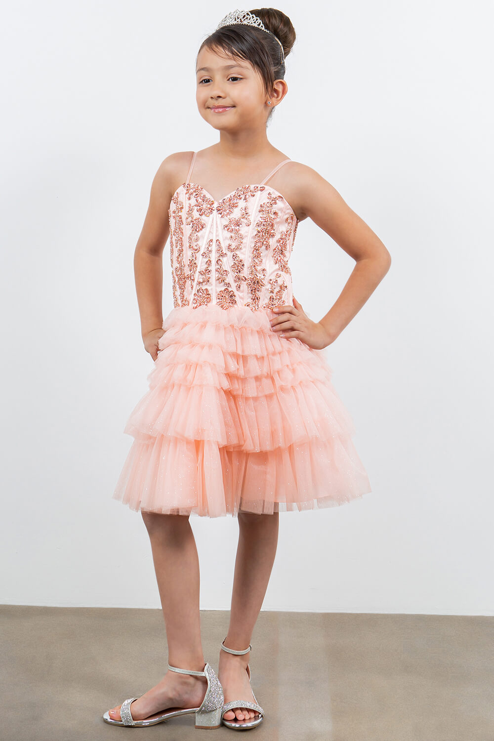 Blush Sweetheart Knee Length Glitter Tulle Party Corset Dress with Tiered Skirt Cinderella Couture 5133
