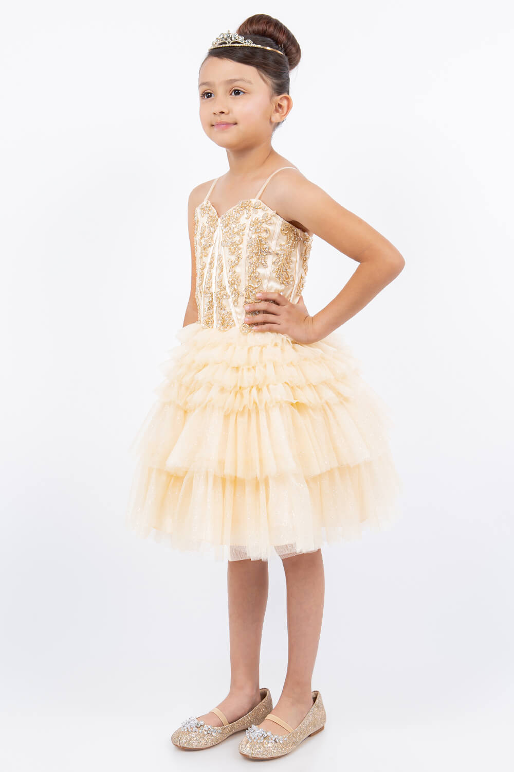 Champagne Sweetheart Knee Length Glitter Tulle Party Corset Dress with Tiered Skirt Cinderella Couture 5133