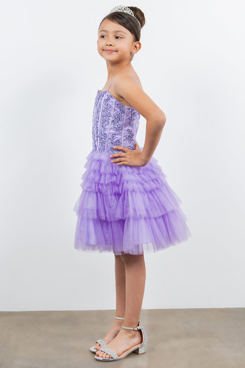 Lilac Sweetheart Knee Length Glitter Tulle Party Corset Dress with Tiered Skirt Cinderella Couture 5133