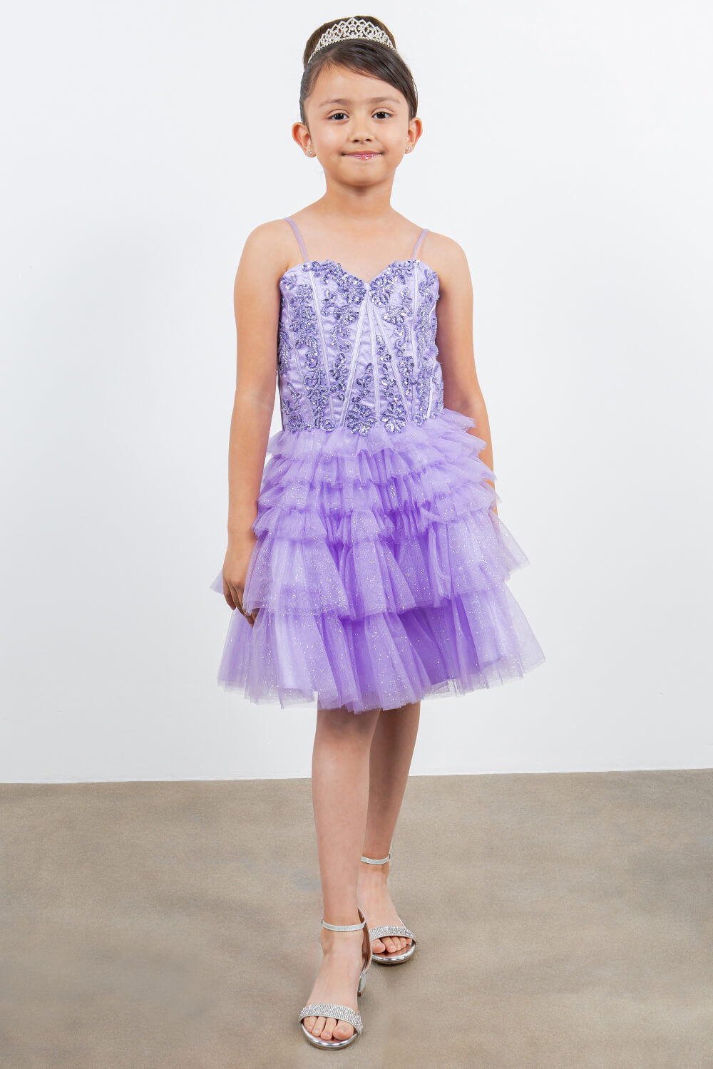 Lilac Sweetheart Knee Length Glitter Tulle Party Corset Dress with Tiered Skirt Cinderella Couture 5133