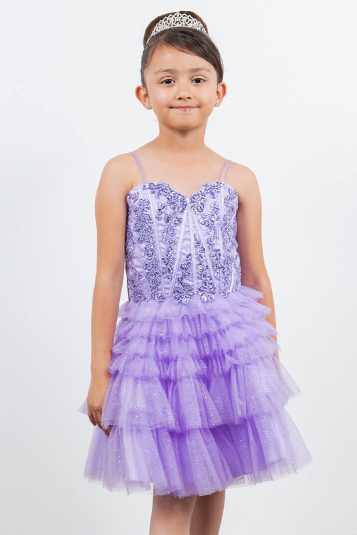 Lilac Sweetheart Knee Length Glitter Tulle Party Corset Dress with Tiered Skirt Cinderella Couture 5133