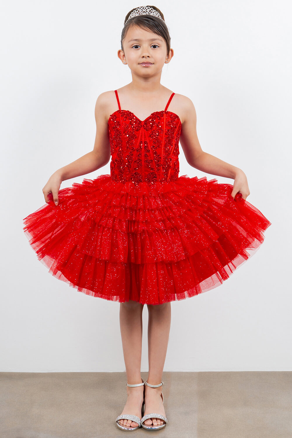 Red Sweetheart Knee Length Glitter Tulle Party Corset Dress with Tiered Skirt Cinderella Couture 5133