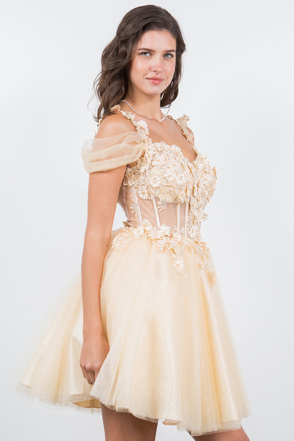 Cocktail Dresses 3D Floral Short Mini Cocktail Dress Cinderella Couture 5134J Champagne