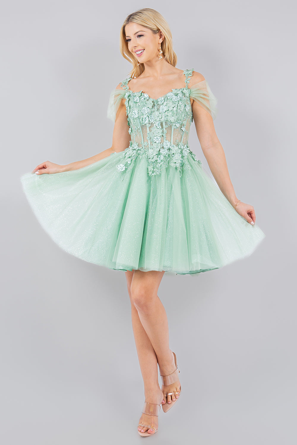 Cocktail Dresses 3D Floral Short Mini Cocktail Dress Cinderella Couture 5134J Sage