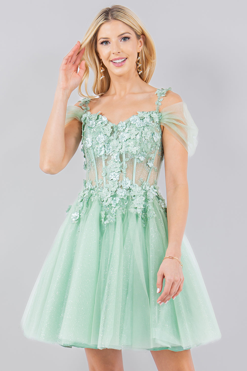 Cocktail Dresses 3D Floral Short Mini Cocktail Dress Cinderella Couture 5134J Sage