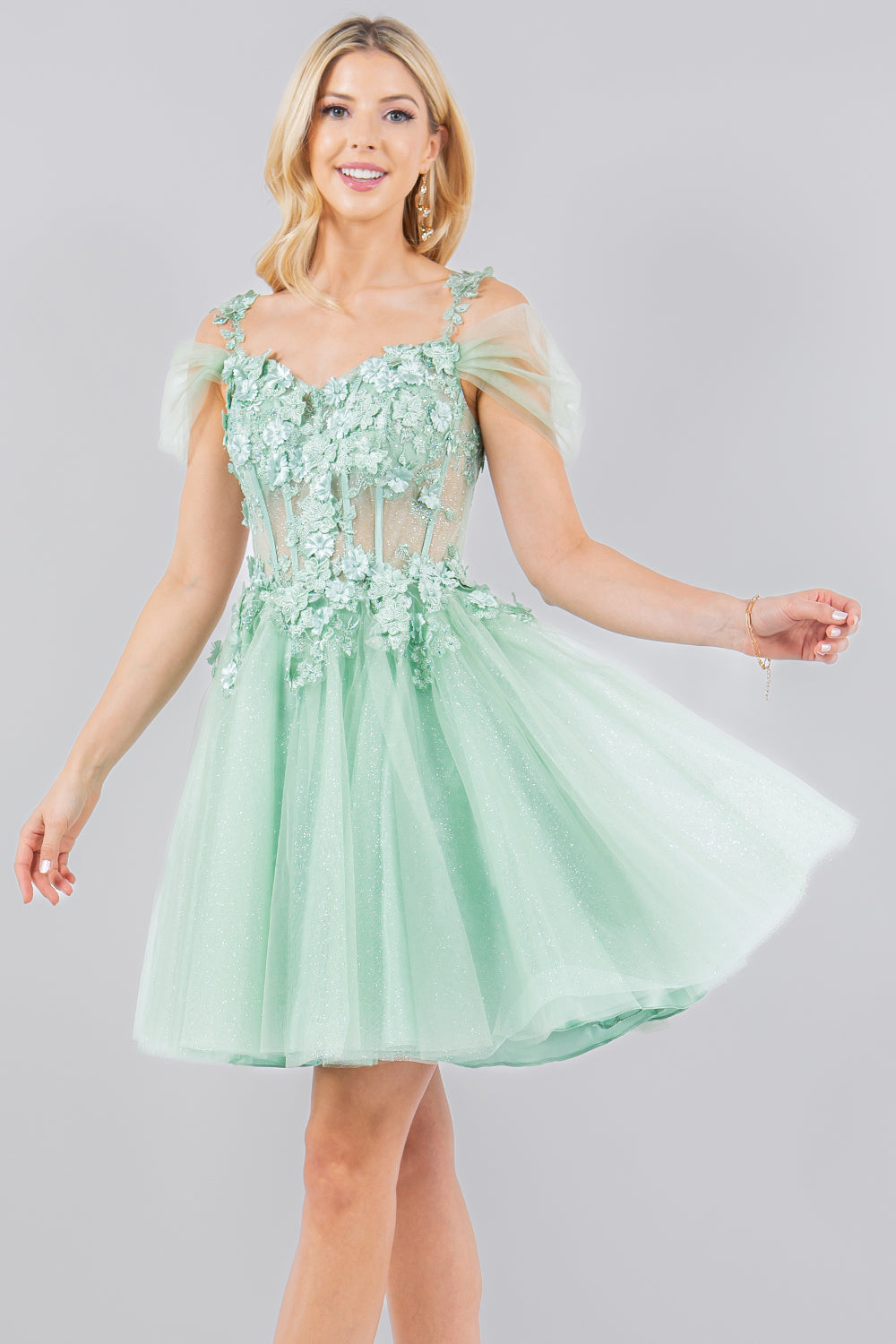 Cocktail Dresses 3D Floral Short Mini Cocktail Dress Cinderella Couture 5134J Sage