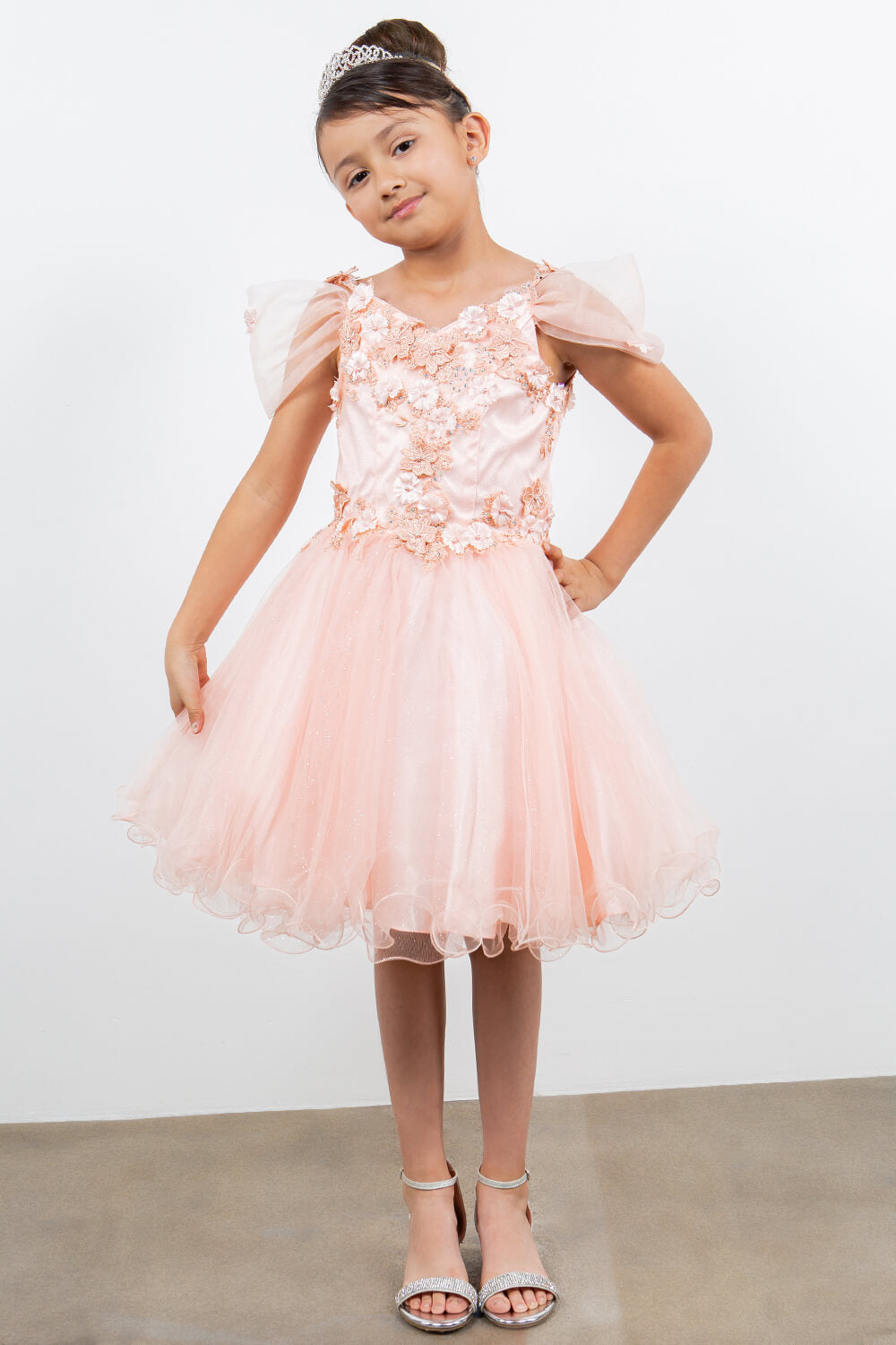 Blush Sweetheart Neck Knee Length Glitter Tulle Special Occasion Dress with 3D Floral Corset Bodice Cinderella Couture 5134
