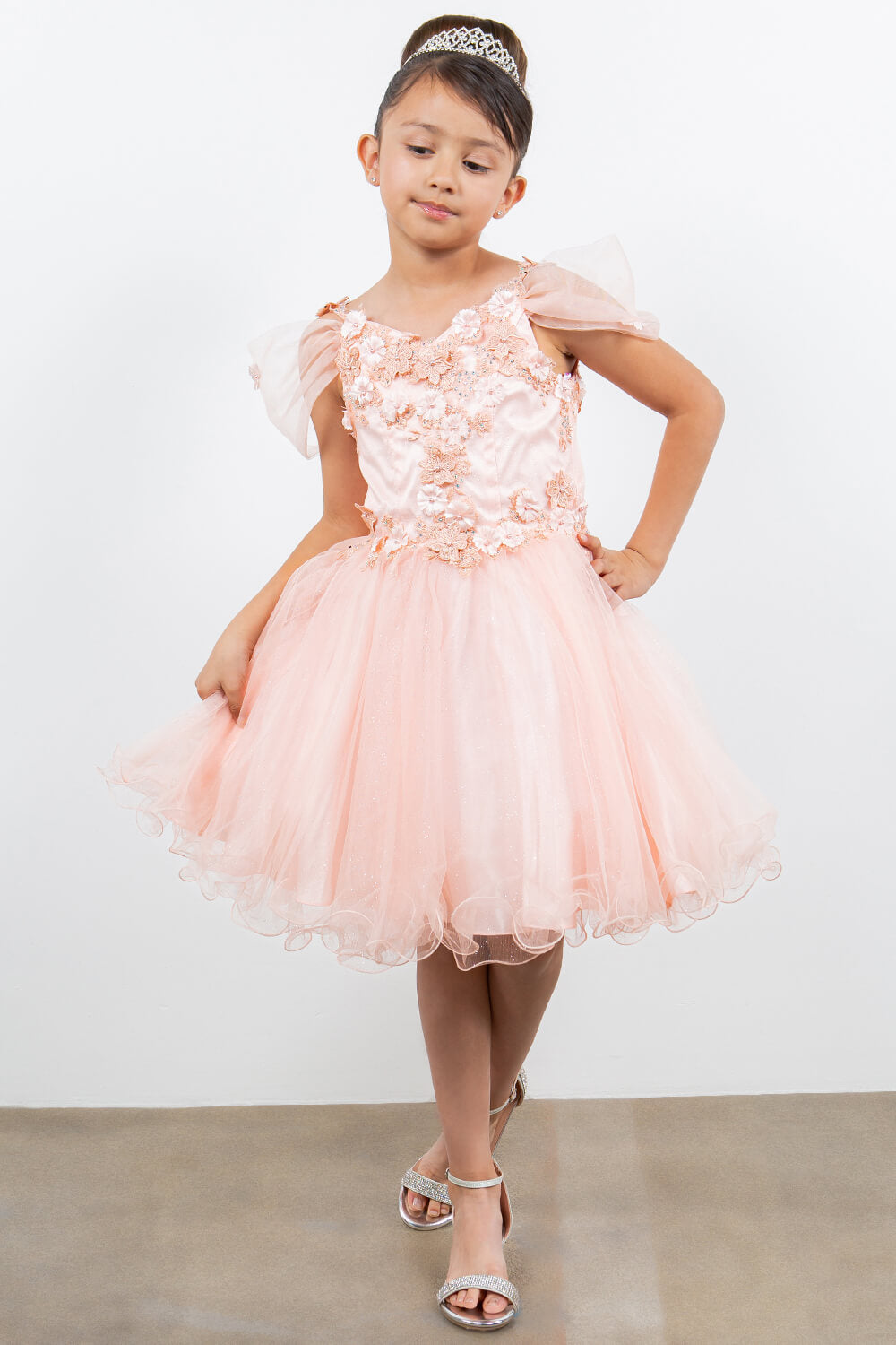Blush Sweetheart Neck Knee Length Glitter Tulle Special Occasion Dress with 3D Floral Corset Bodice Cinderella Couture 5134