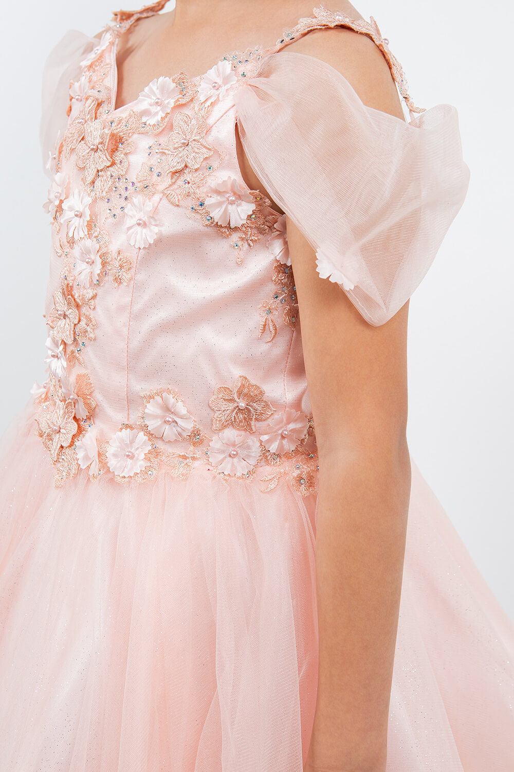 Blush Sweetheart Neck Knee Length Glitter Tulle Special Occasion Dress with 3D Floral Corset Bodice Cinderella Couture 5134