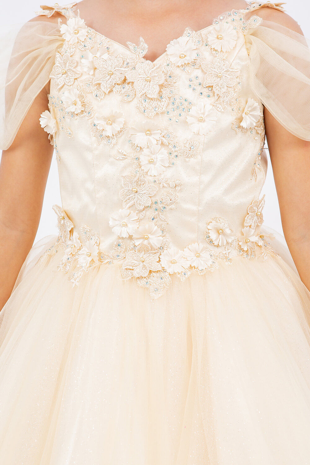 Champagne Sweetheart Neck Knee Length Glitter Tulle Special Occasion Dress with 3D Floral Corset Bodice Cinderella Couture 5134
