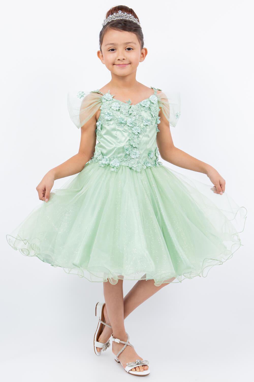 Sage Sweetheart Neck Knee Length Glitter Tulle Special Occasion Dress with 3D Floral Corset Bodice Cinderella Couture 5134