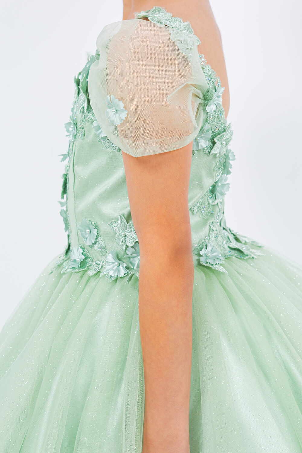 Sage Sweetheart Neck Knee Length Glitter Tulle Special Occasion Dress with 3D Floral Corset Bodice Cinderella Couture 5134