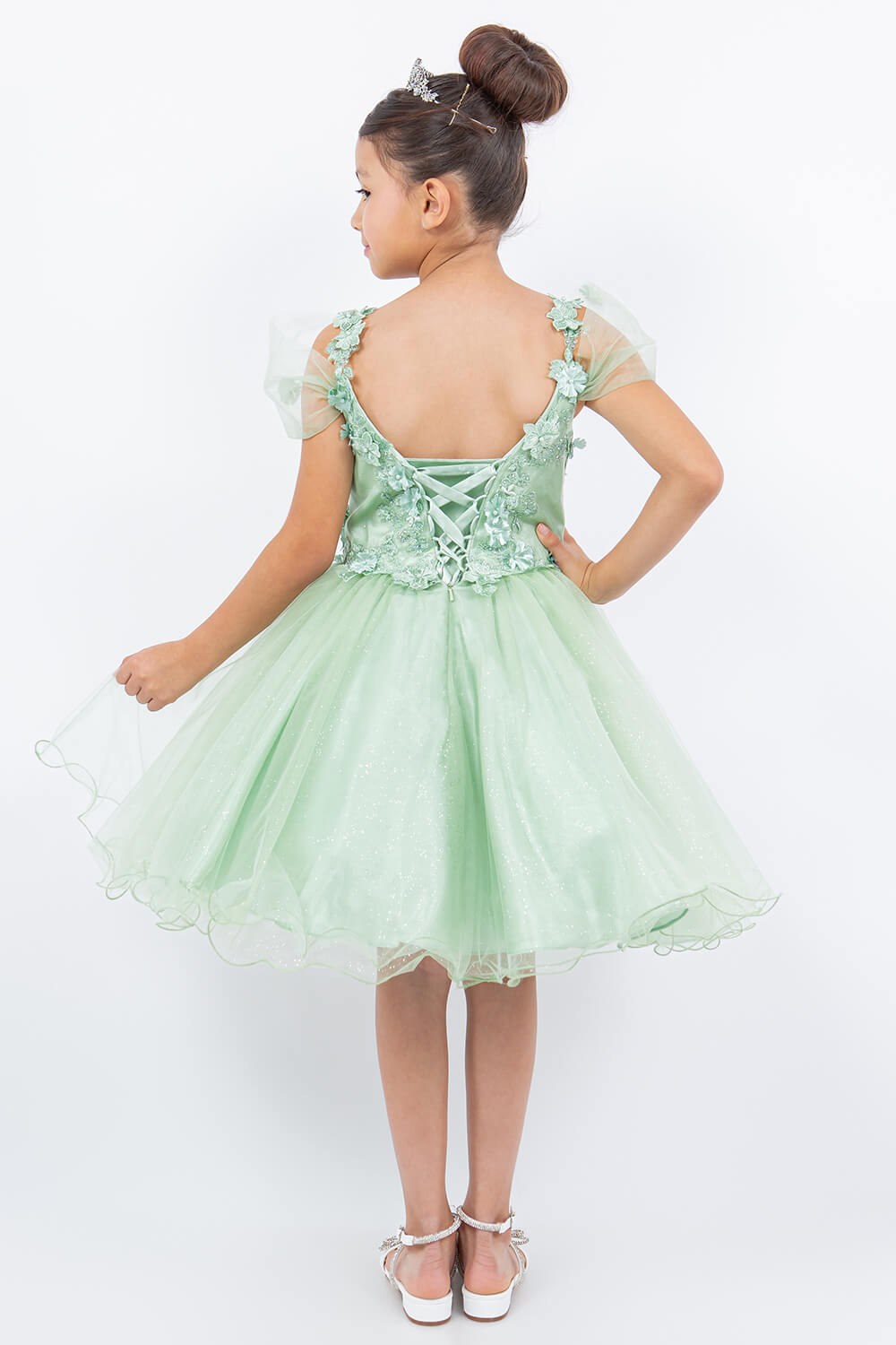Sage Sweetheart Neck Knee Length Glitter Tulle Special Occasion Dress with 3D Floral Corset Bodice Cinderella Couture 5134