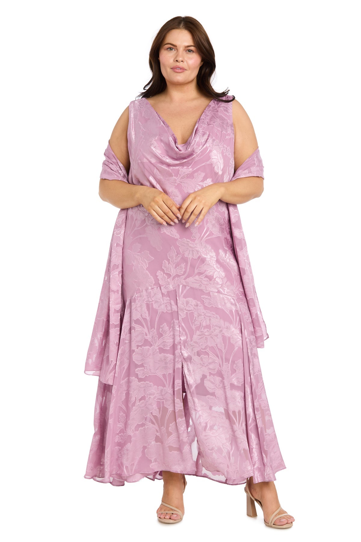 Cowl Neck Tea-Length Floral Chiffon Formal A-Line Plus Size Dress R&M Richards 5135W