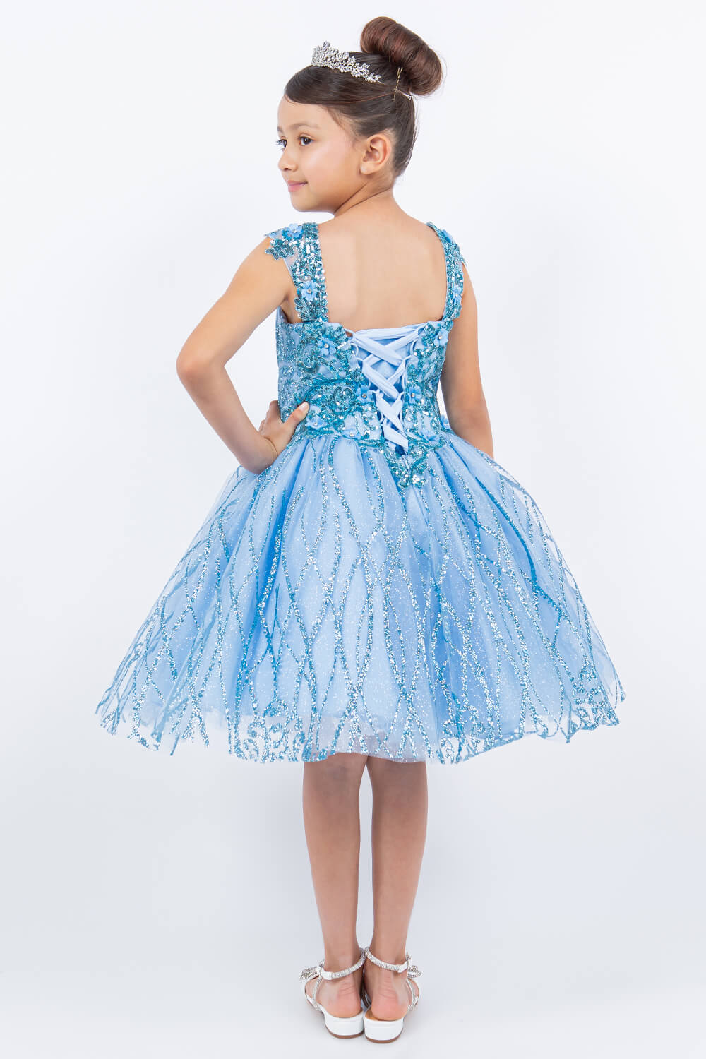 Blue Sweetheart Tea Length Tulle Mini Quince Corset Dress with Lace Applique Cinderella Couture 5136