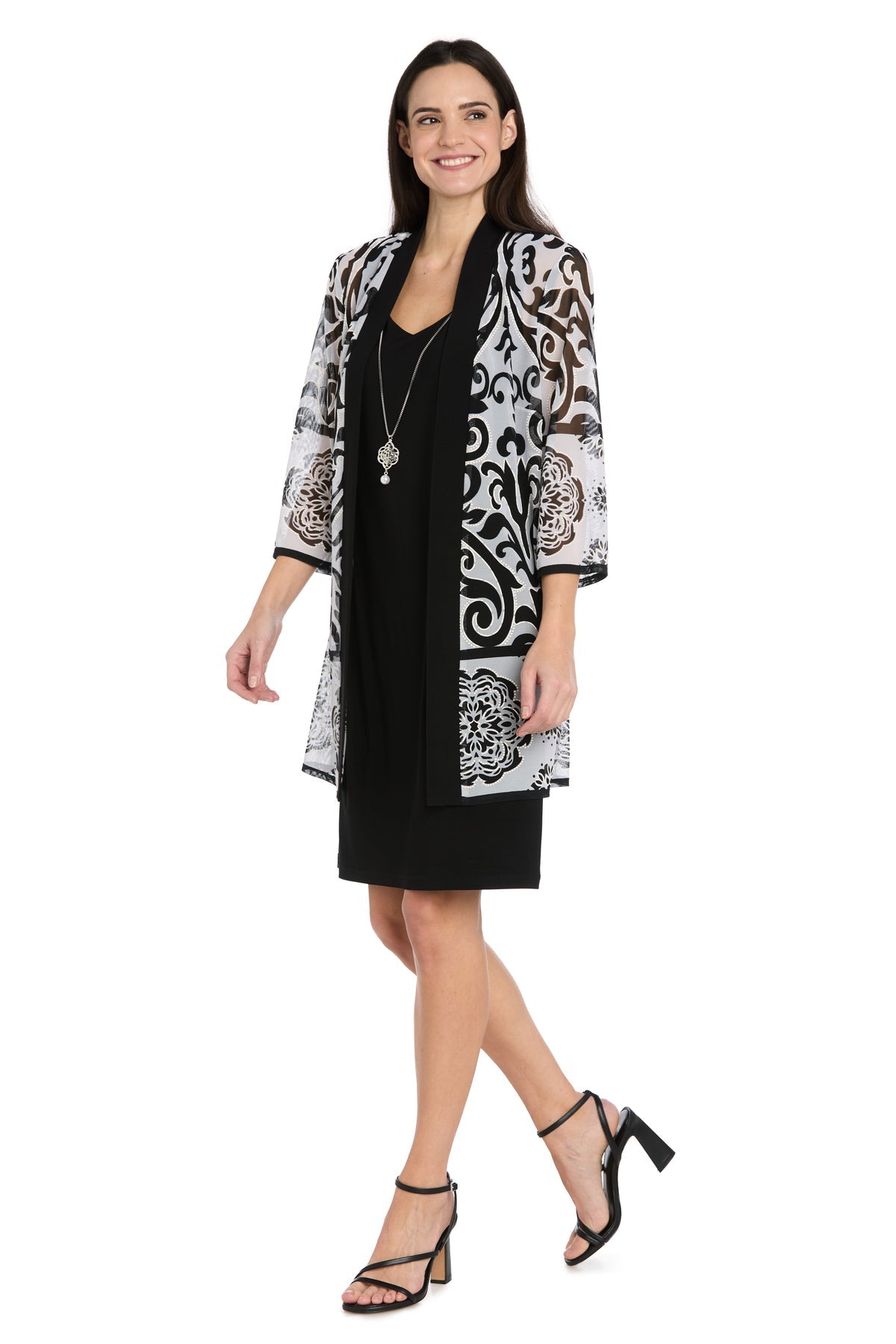 V-Neck Short Jersey Cocktail Jacket Dress by R&M Richards 5141P in Black/Ivory