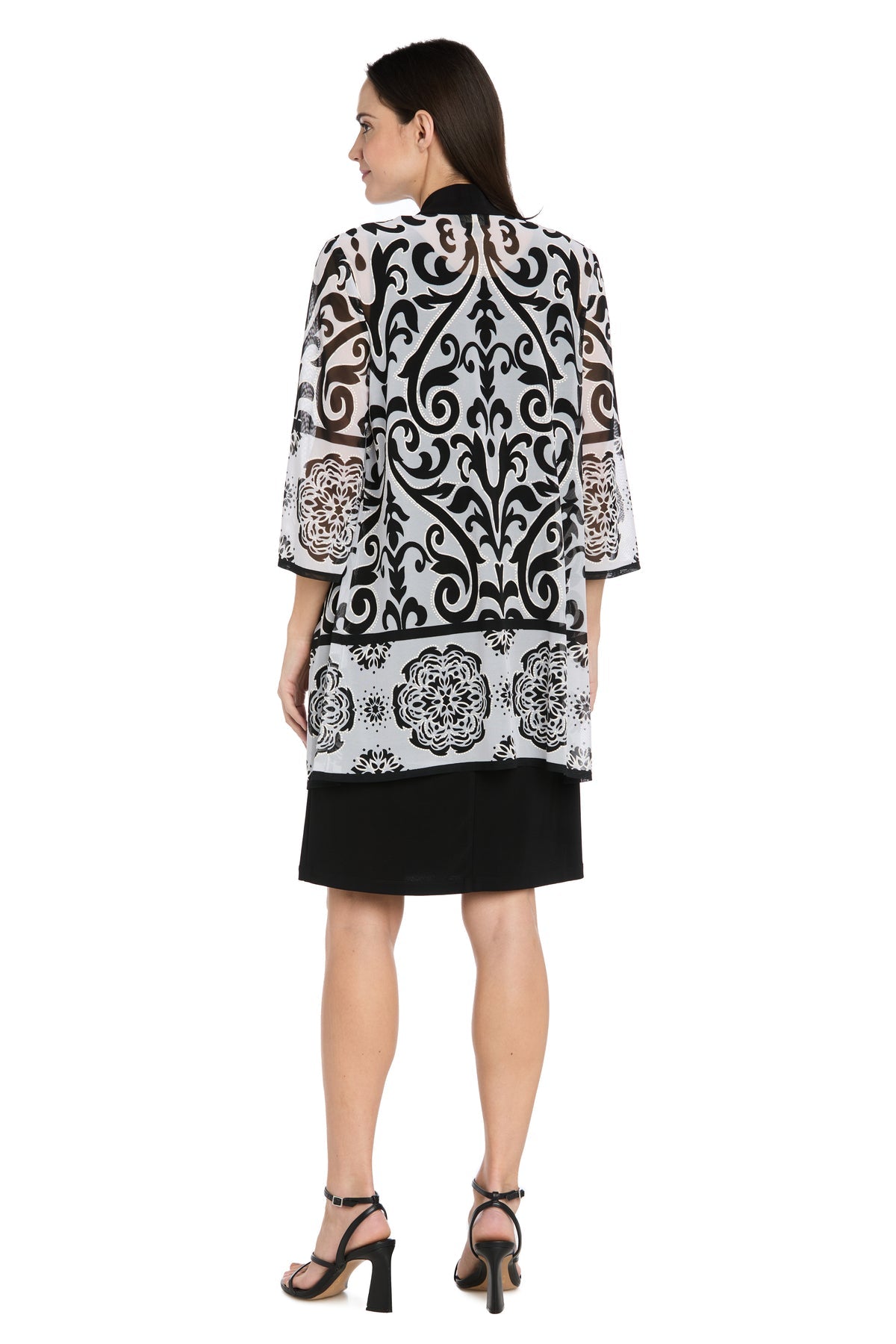 V-Neck Knee-Length Jersey Cocktail Dress with Jacket by R&M Richards 5141 in Black/Ivory