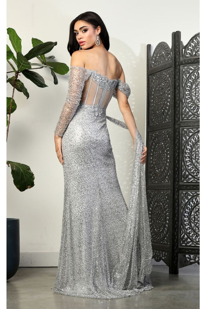 Silver Off-the-Shoulder Floor-Length Prom Dress Corset High Slit May Queen RQ8050