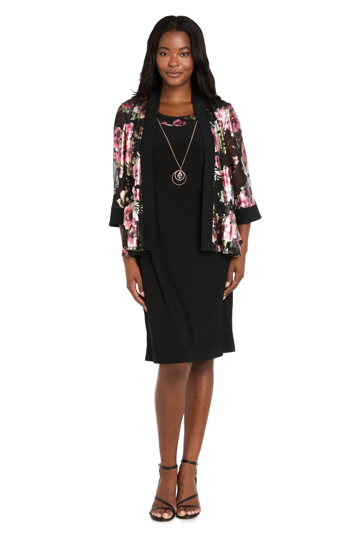 Collared Knee-Length Floral Jacket Dress by R&M Richards 5149 in Black/Rose