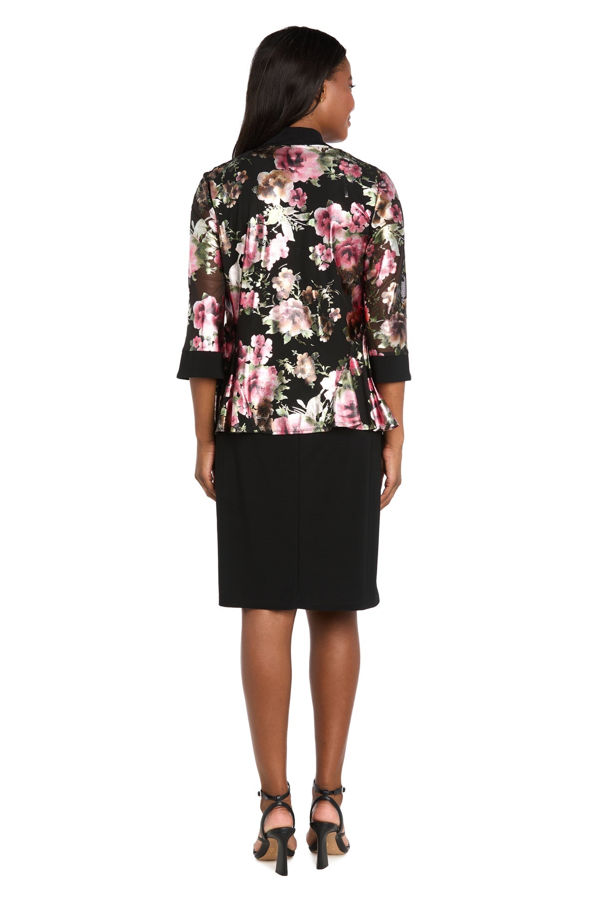 Collared Knee-Length Floral Jacket Dress by R&M Richards 5149 in Black/Rose