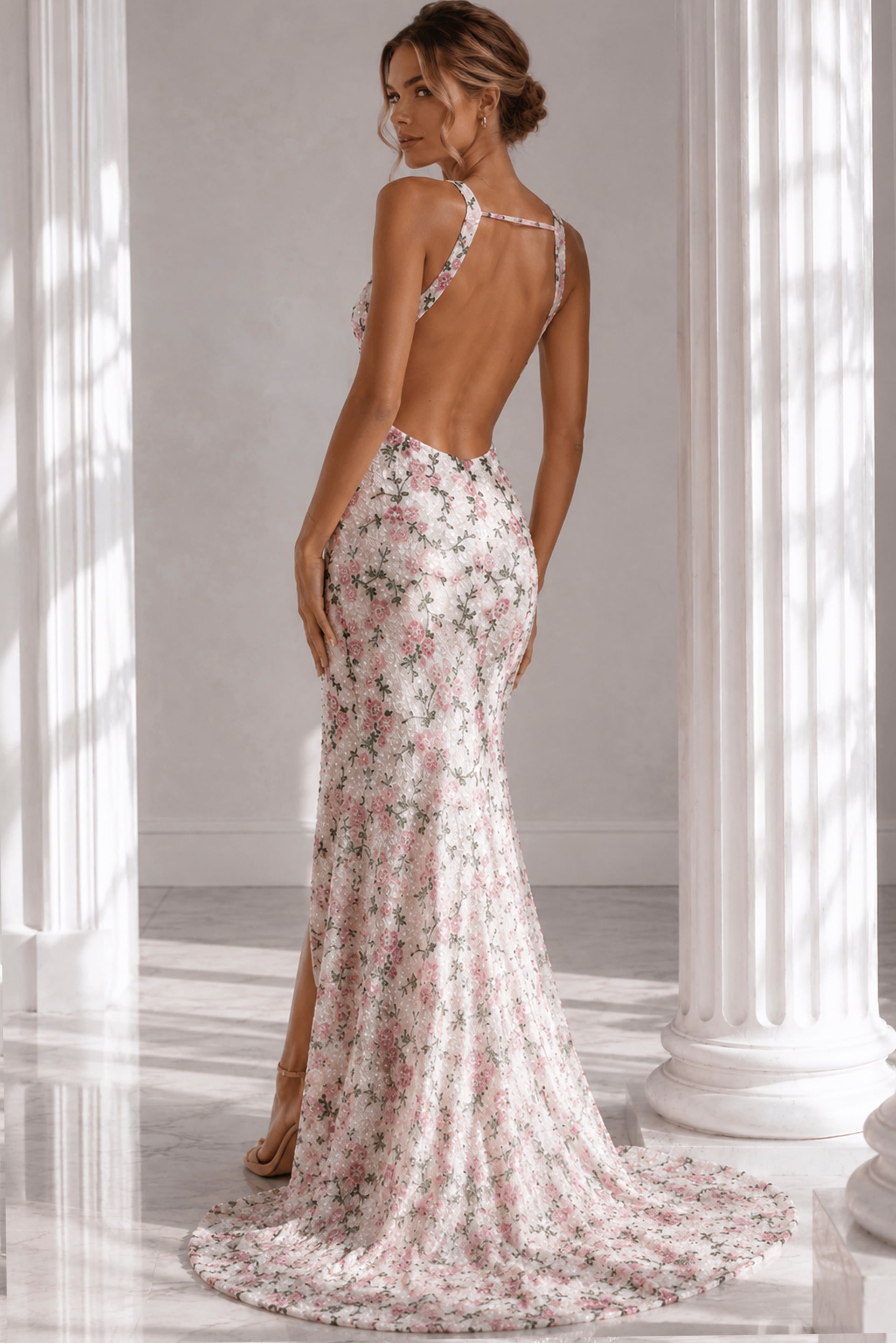 Pink/Multi V-Neck Floor-Length Floral Sequin Prom Dress High Slit Open Back Gown Jovani 51556