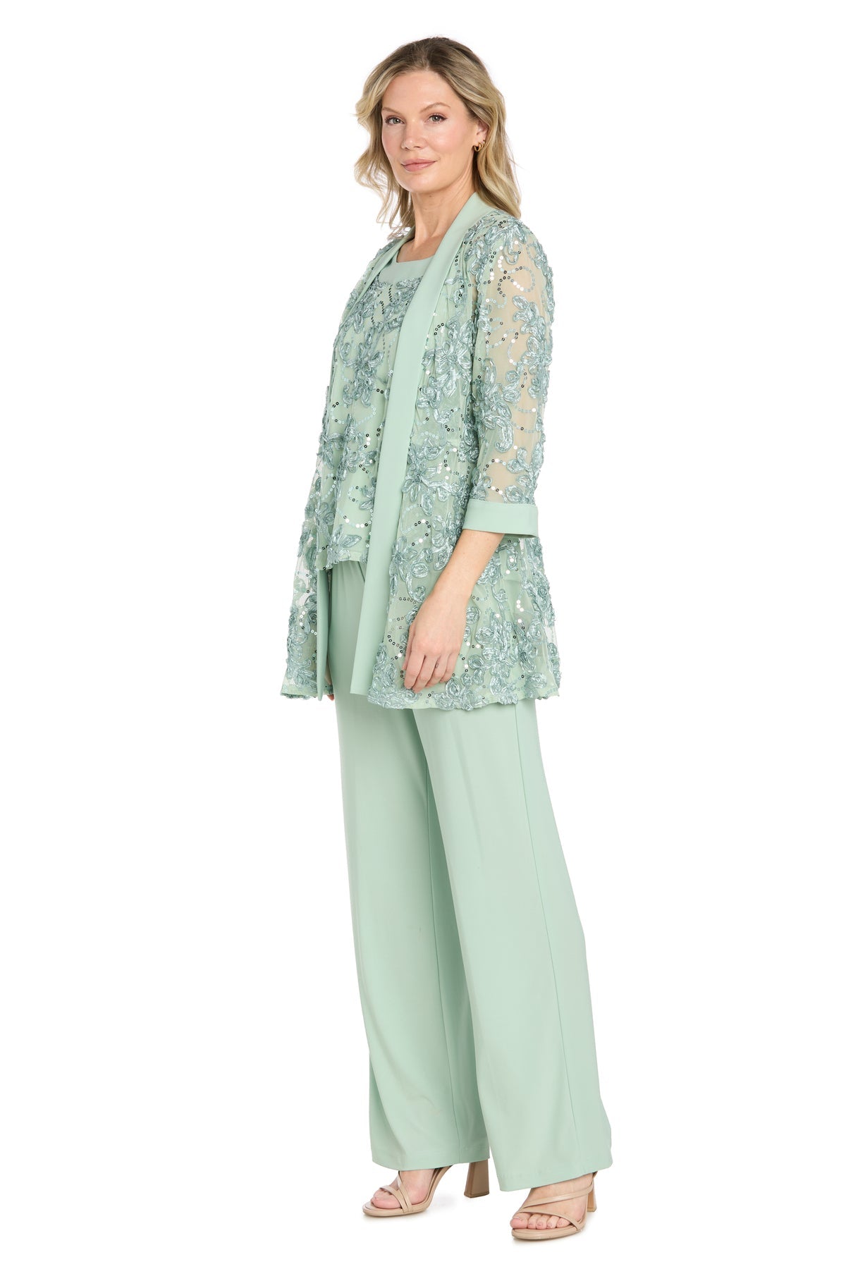 Square Floor-Length Mesh Formal Two-Piece Pant Suit - R&M Richards 5162