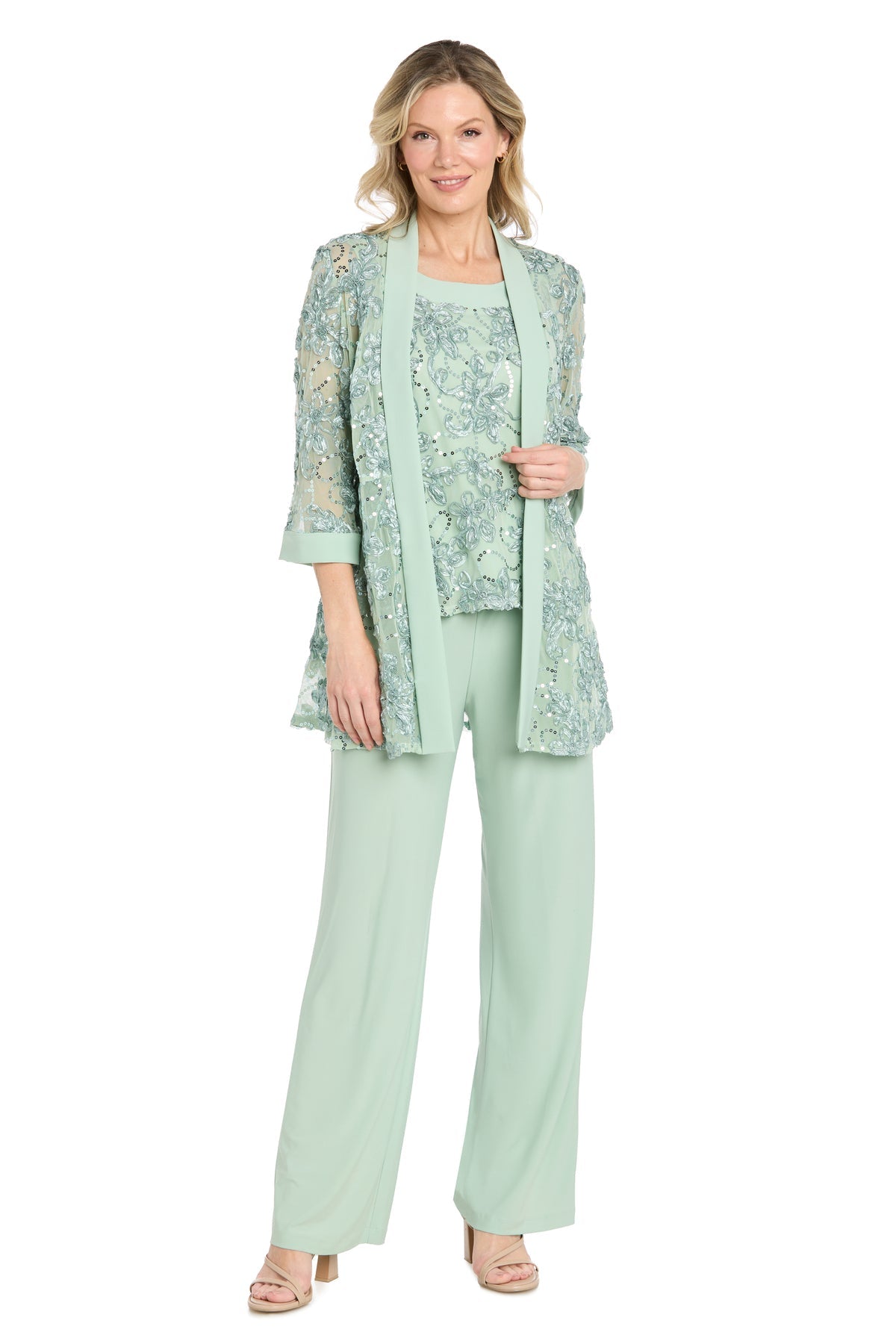 Square Floor-Length Mesh Formal Two-Piece Pant Suit - R&M Richards 5162