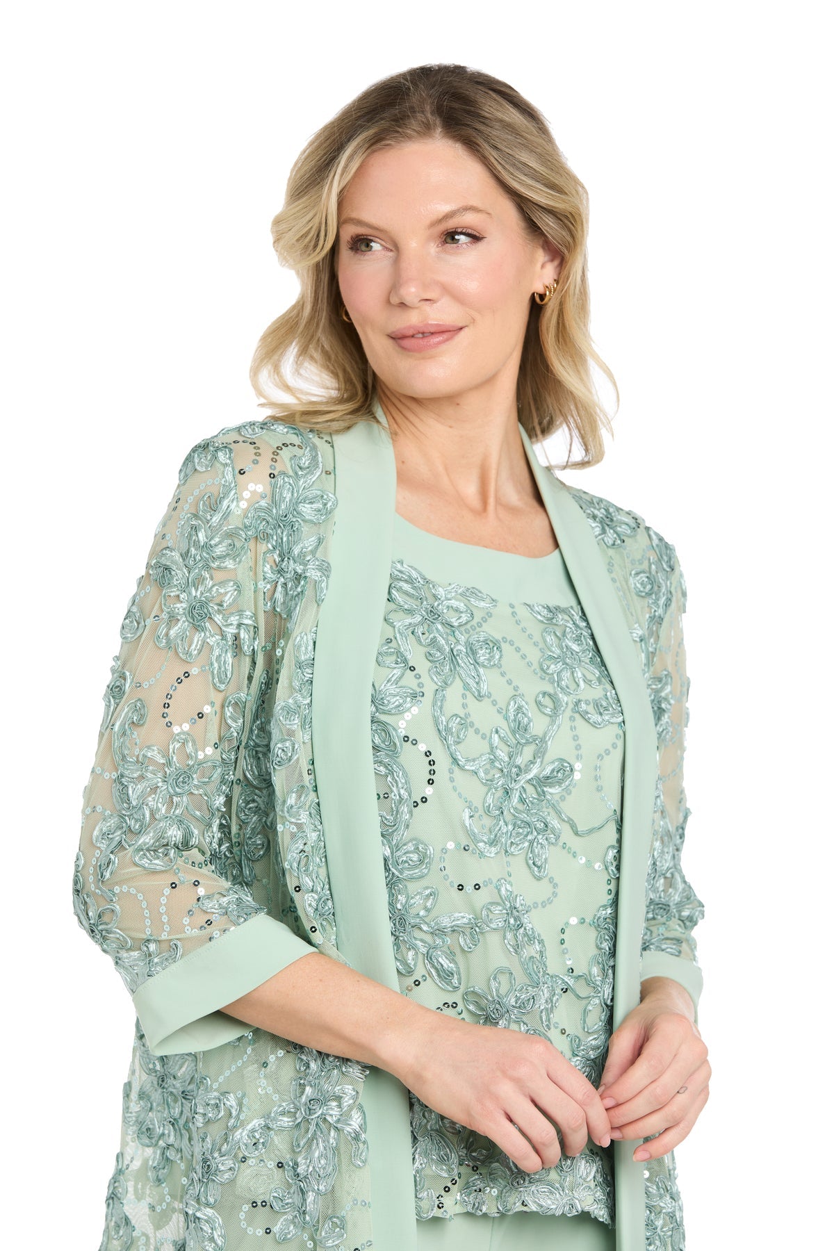 Square Floor-Length Mesh Formal Two-Piece Pant Suit - R&M Richards 5162