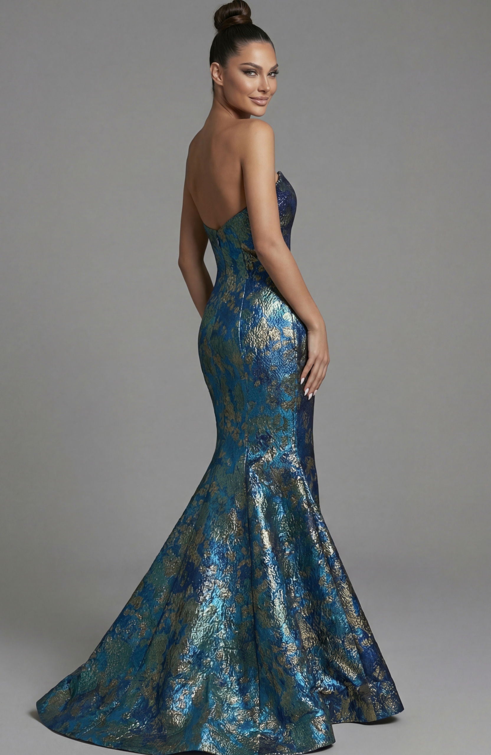 Prom Dresses Metallic Mermaid Long Formal Floral Prom Dress Jovani 51634 Turquoise/Multi