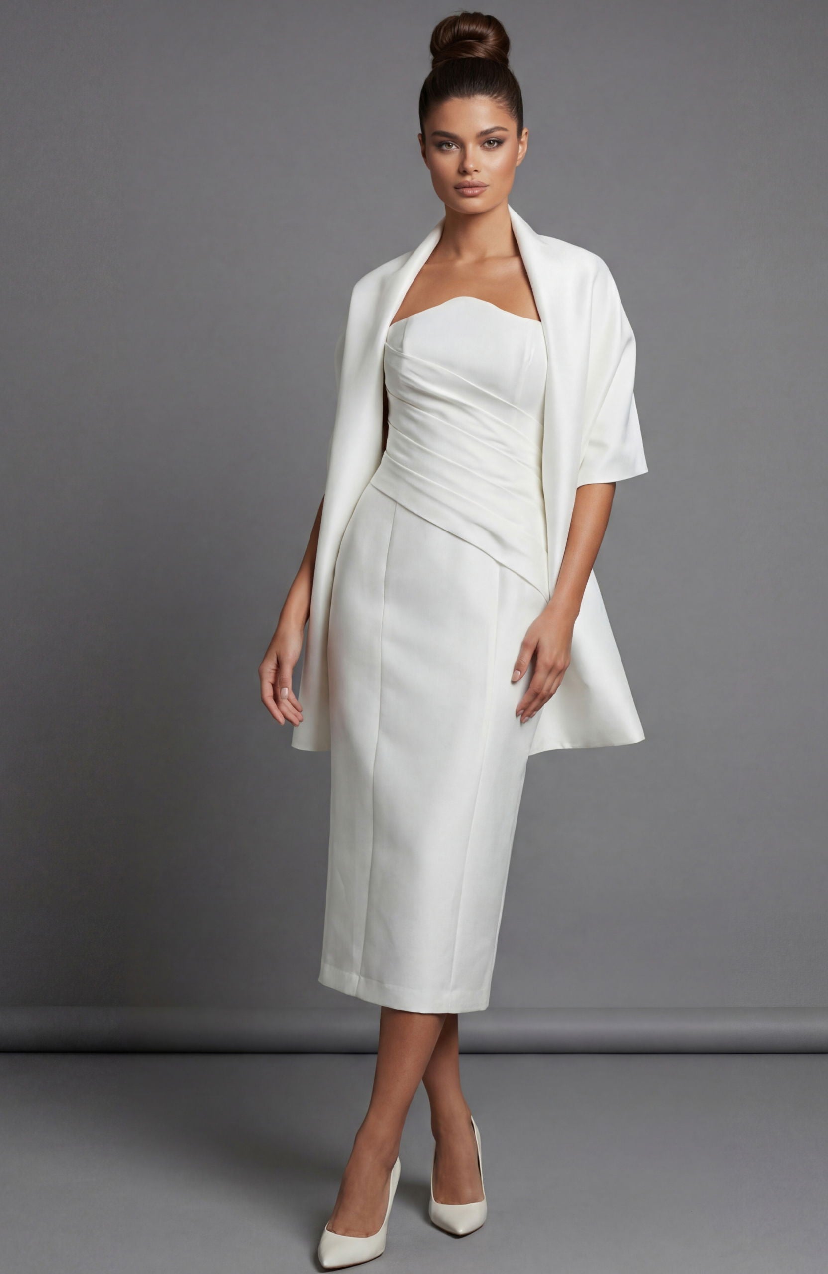 Wedding Dresses Short Fitted Tea Length Bridal Wedding Dress Jovani 51635 Off White
