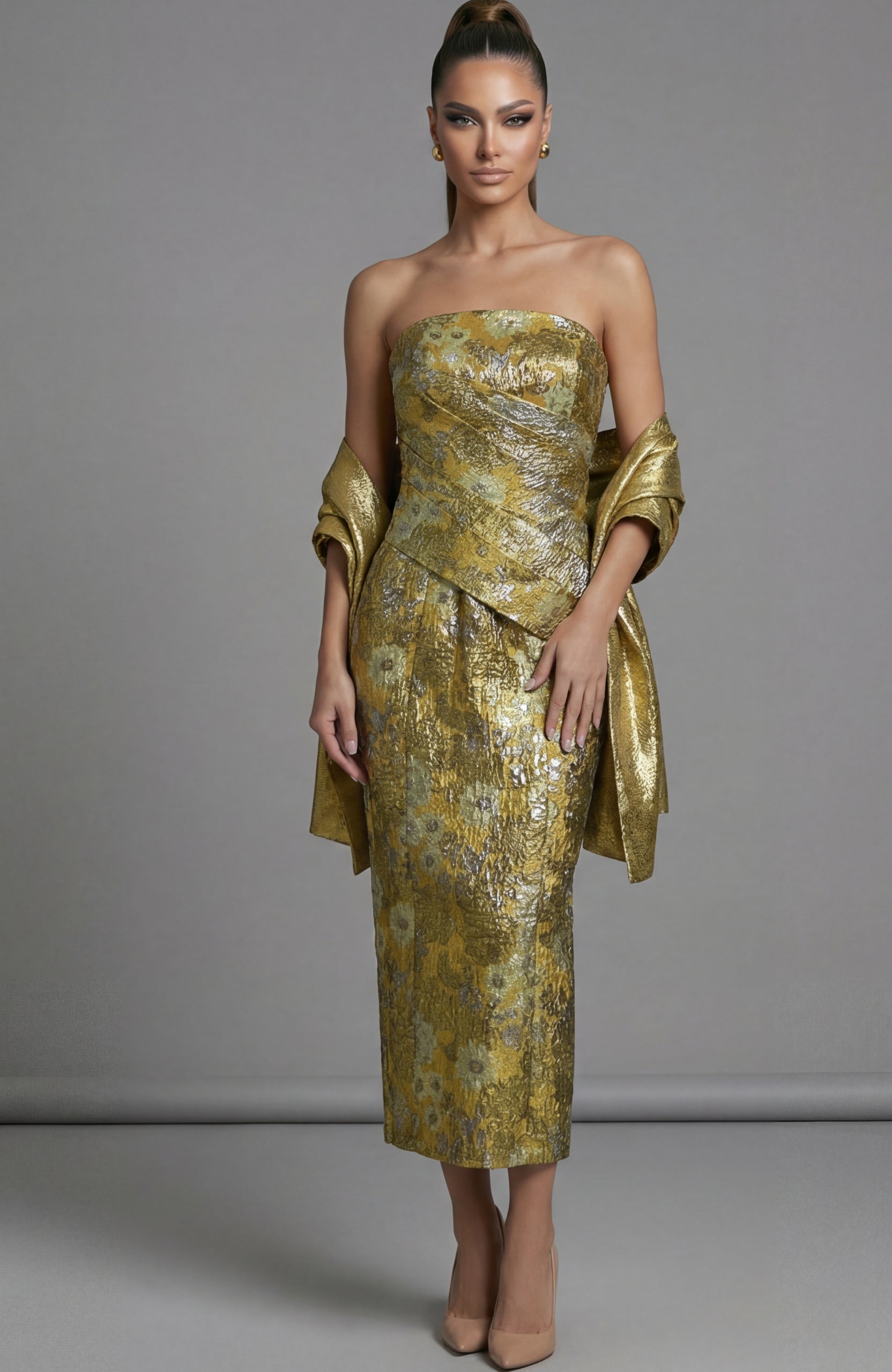 Cocktail Dresses Short Fitted Tea Length Metallic Cocktail Dress Jovani 51636 Yellow/Multi