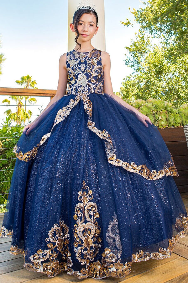 Illusion High Neck Floor Length Glitter Tulle Quinceanera Ball Gown with Gold Lace Appliques Cinderella Couture 5163