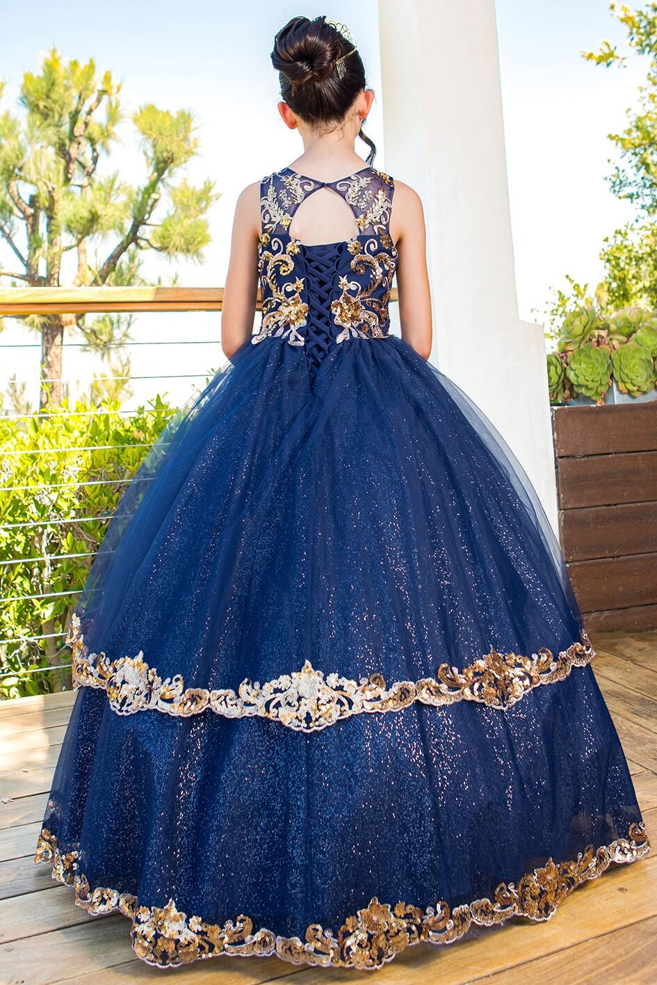 Navy Illusion High Neck Floor Length Glitter Tulle Quinceanera Ball Gown with Gold Lace Appliques Cinderella Couture 5163