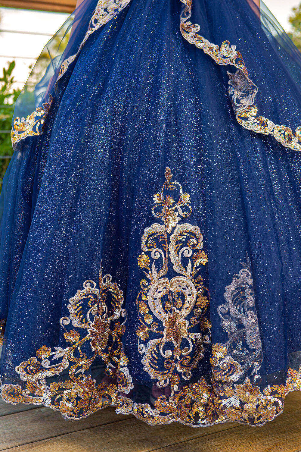 Navy Illusion High Neck Floor Length Glitter Tulle Quinceanera Ball Gown with Gold Lace Appliques Cinderella Couture 5163