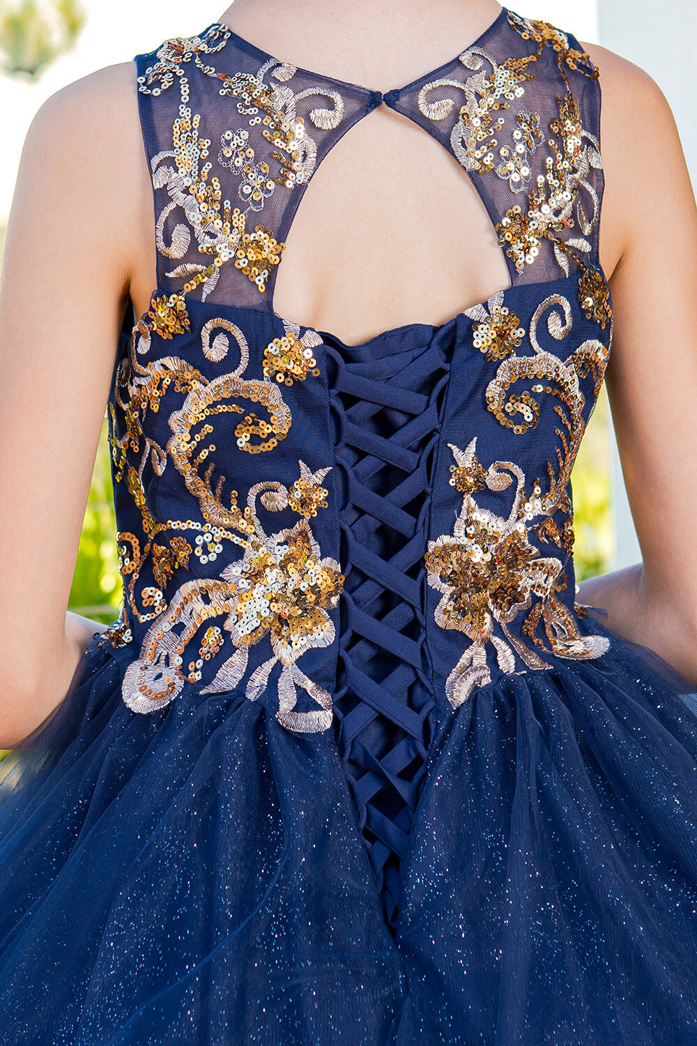 Navy Illusion High Neck Floor Length Glitter Tulle Quinceanera Ball Gown with Gold Lace Appliques Cinderella Couture 5163