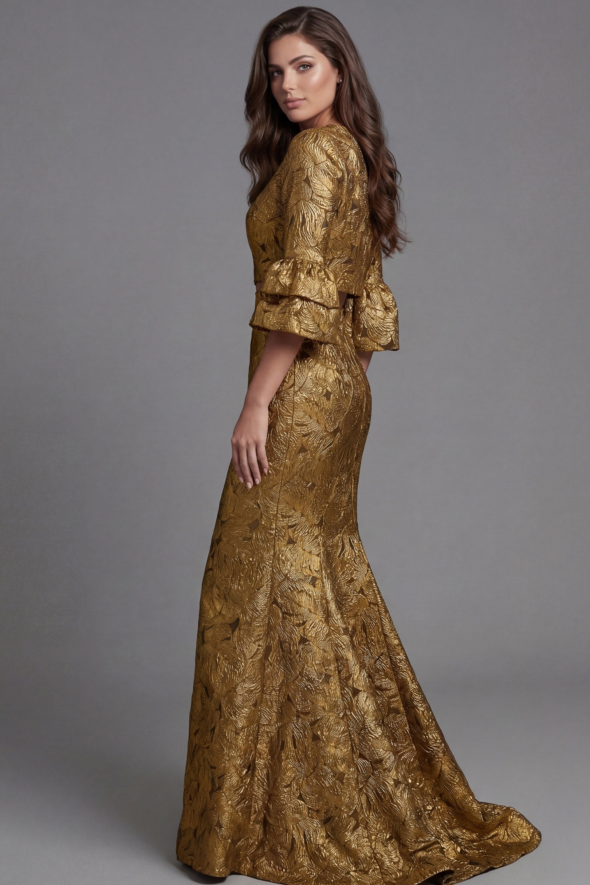Gold Square Neck Floor-Length Gold Jacquard Mermaid Mother of the Bride Dress with Bell Sleeves Jovani 51653