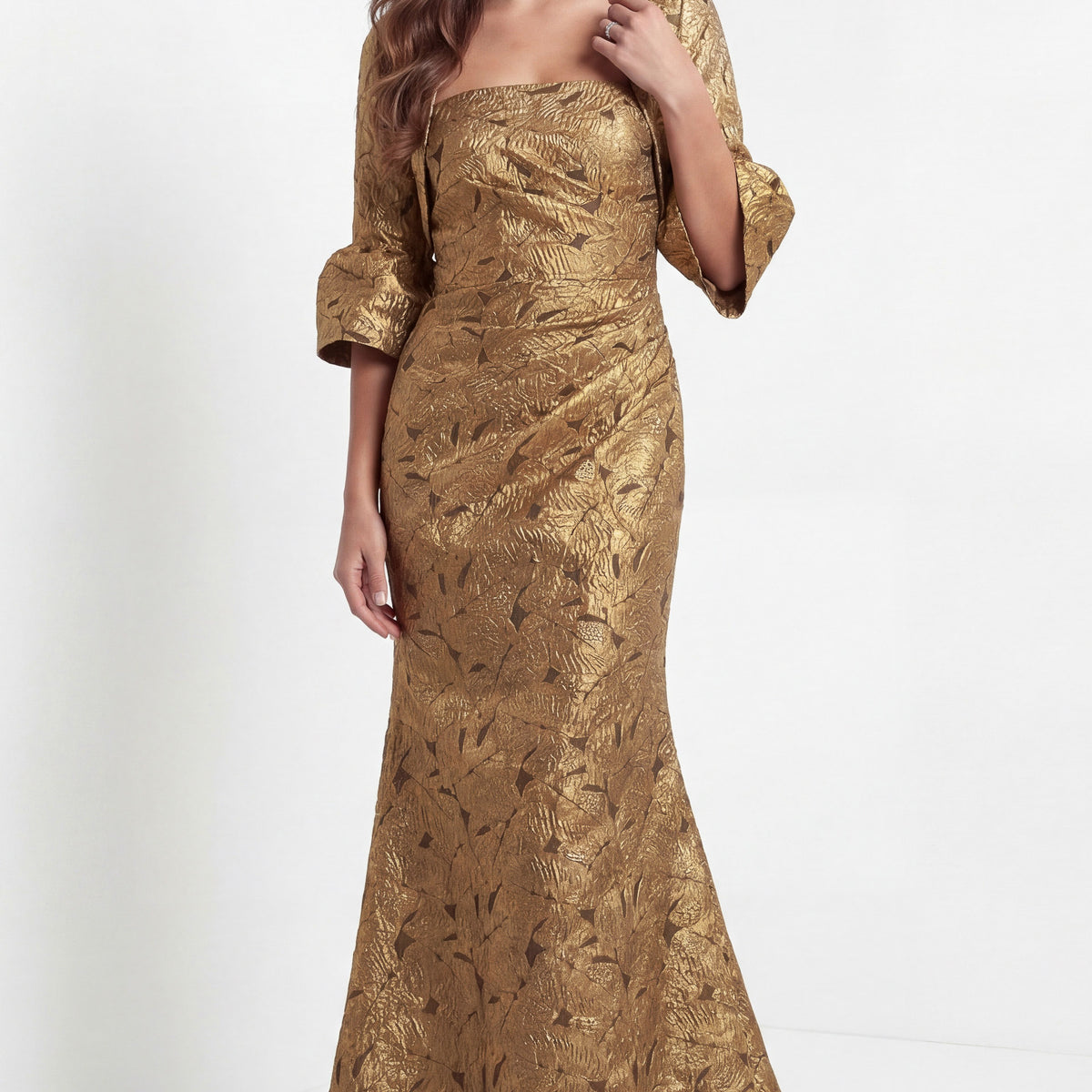 shape nude rib square neck lace up side bodycon dress Floor-Length Gold Jacquard Mermaid Mother of the Bride with Bell Sleeves Jovani 51653 – The Dress Outlet Luxury Botanical Dress