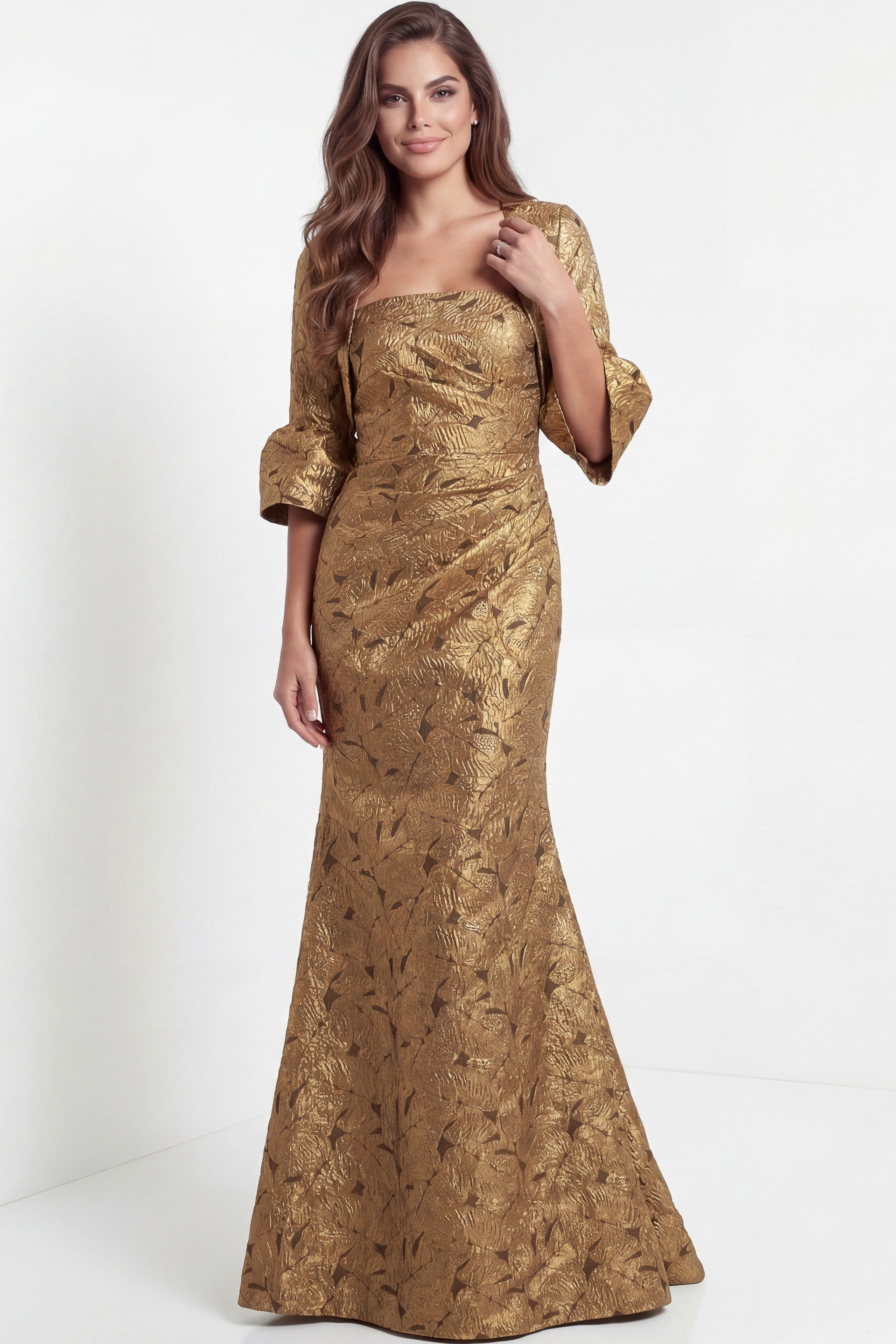 Square Neck Floor-Length Gold Jacquard Mermaid Mother of the Bride Dress with Bell Sleeves Jovani 51653