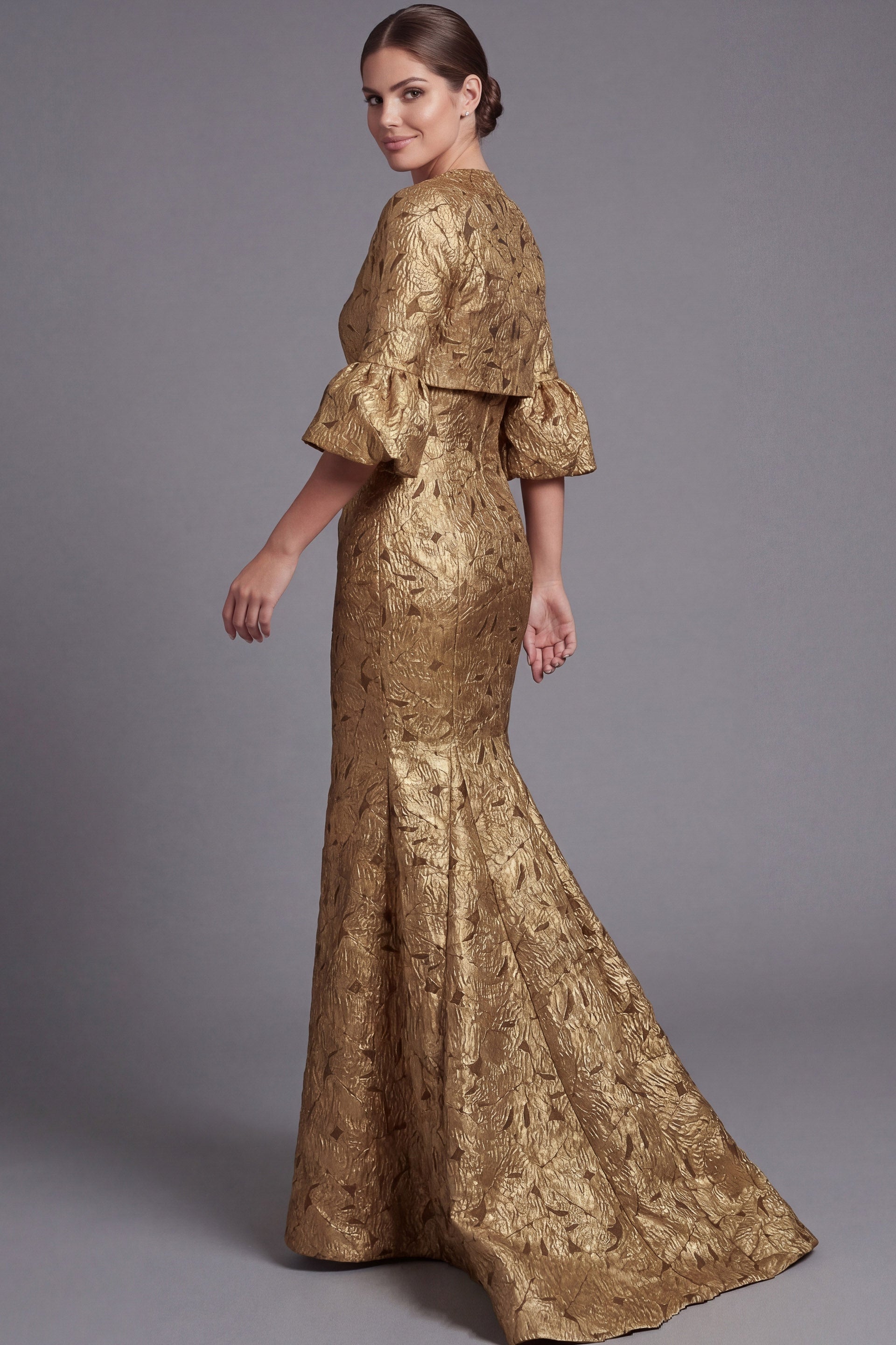 Gold Square Neck Floor-Length Gold Jacquard Mermaid Mother of the Bride Dress with Bell Sleeves Jovani 51653