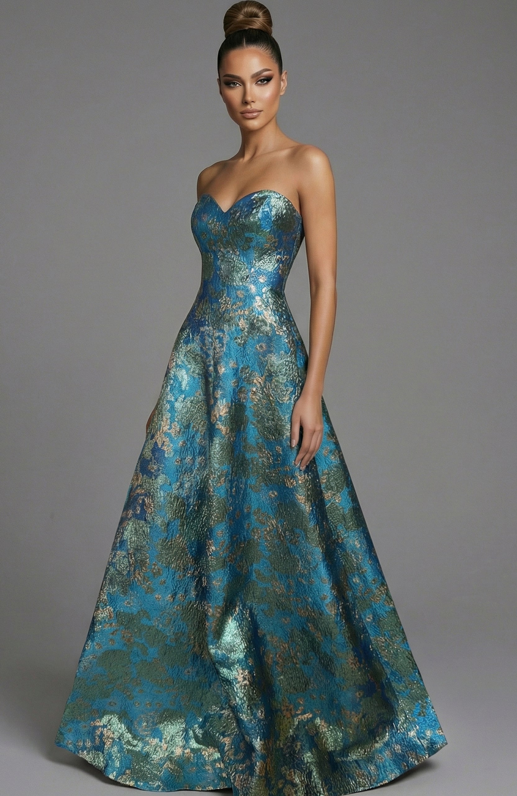 Prom Dresses A Line Long Formal Floral Metallic Prom Dress Jovani 51694 Turquoise/Multi