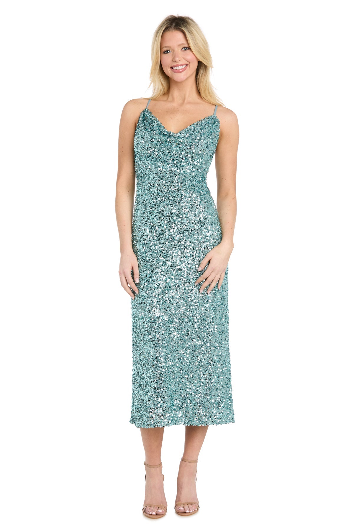 Sage Cowl Midi Sequin Cocktail Sheath Dress R&M Richards 5171