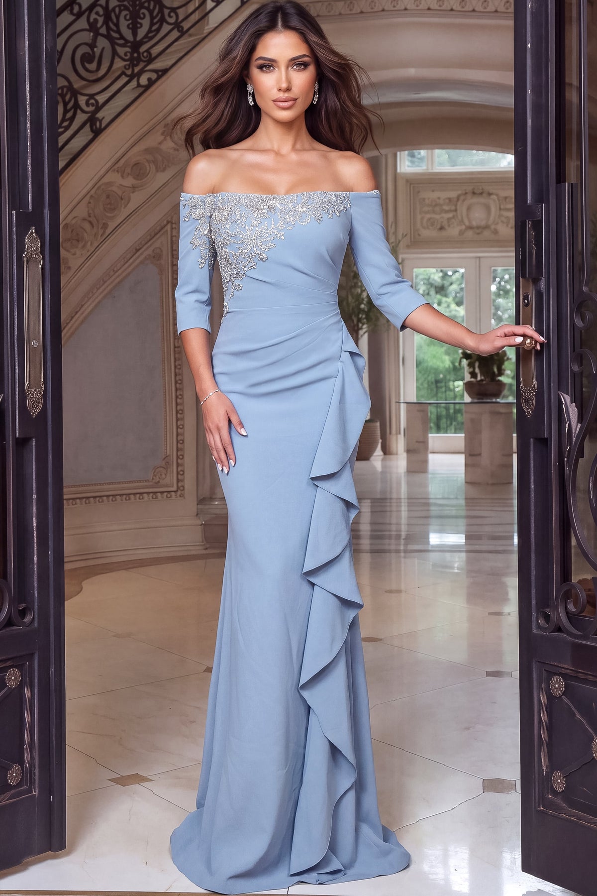 Off-the-Shoulder Floor-Length Crepe Formal Mermaid Jovani 51731