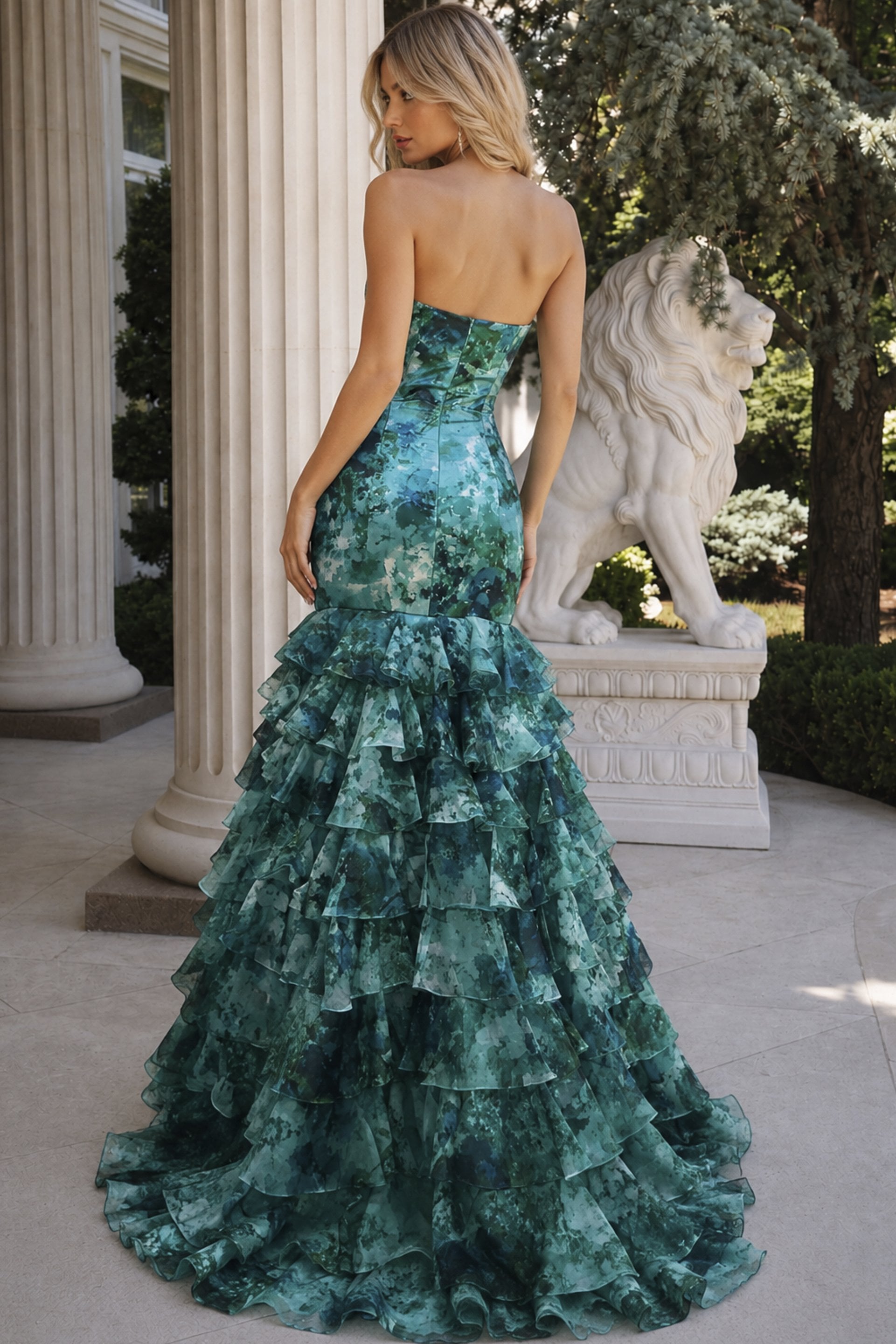 Emerald/Print Sweetheart Floor-Length Organza Prom Dress High Slit Jovani 51779