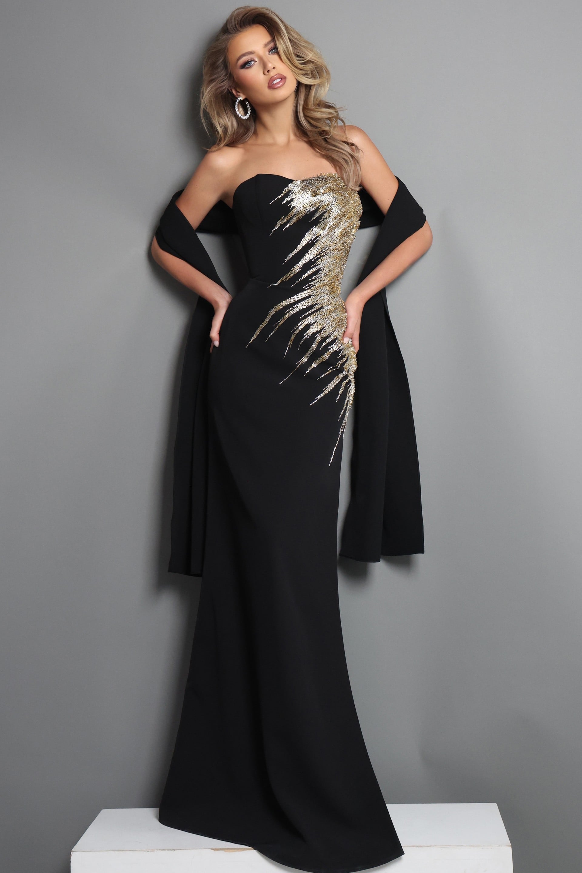 Strapless Curved Neck Floor-Length Satin Formal Sheath Jovani 51900