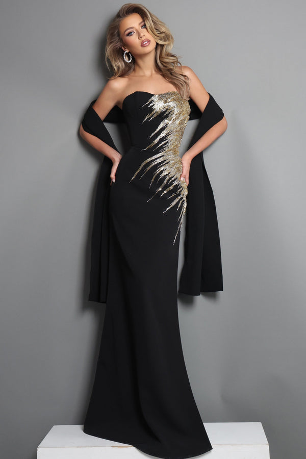 Strapless Curved Neck Floor-Length Satin Formal Sheath Jovani 51900