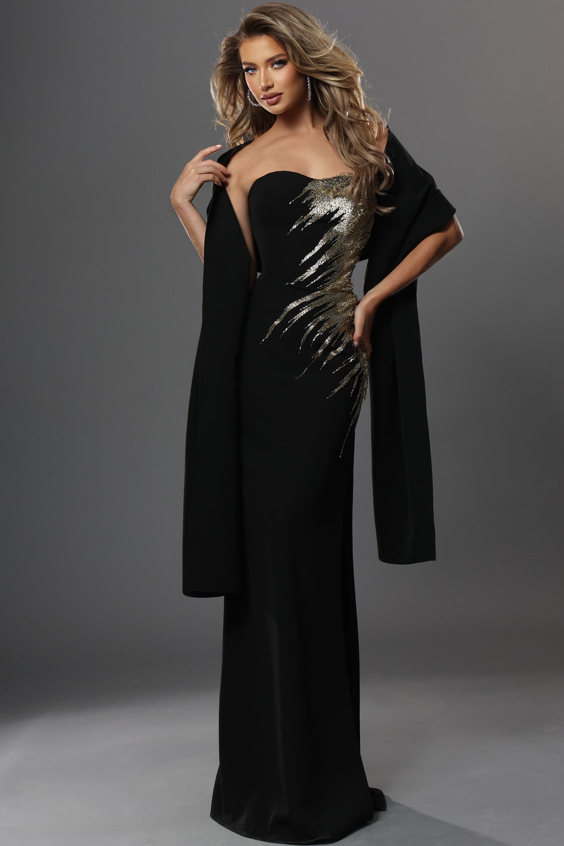 Strapless Curved Neck Floor-Length Satin Formal Sheath Jovani 51900