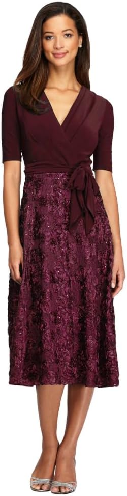 Tea-Length Lace & Jersey Cocktail Dress with Full Rosette Lace Skirt and Tie Belt Alex Evenings 1121465