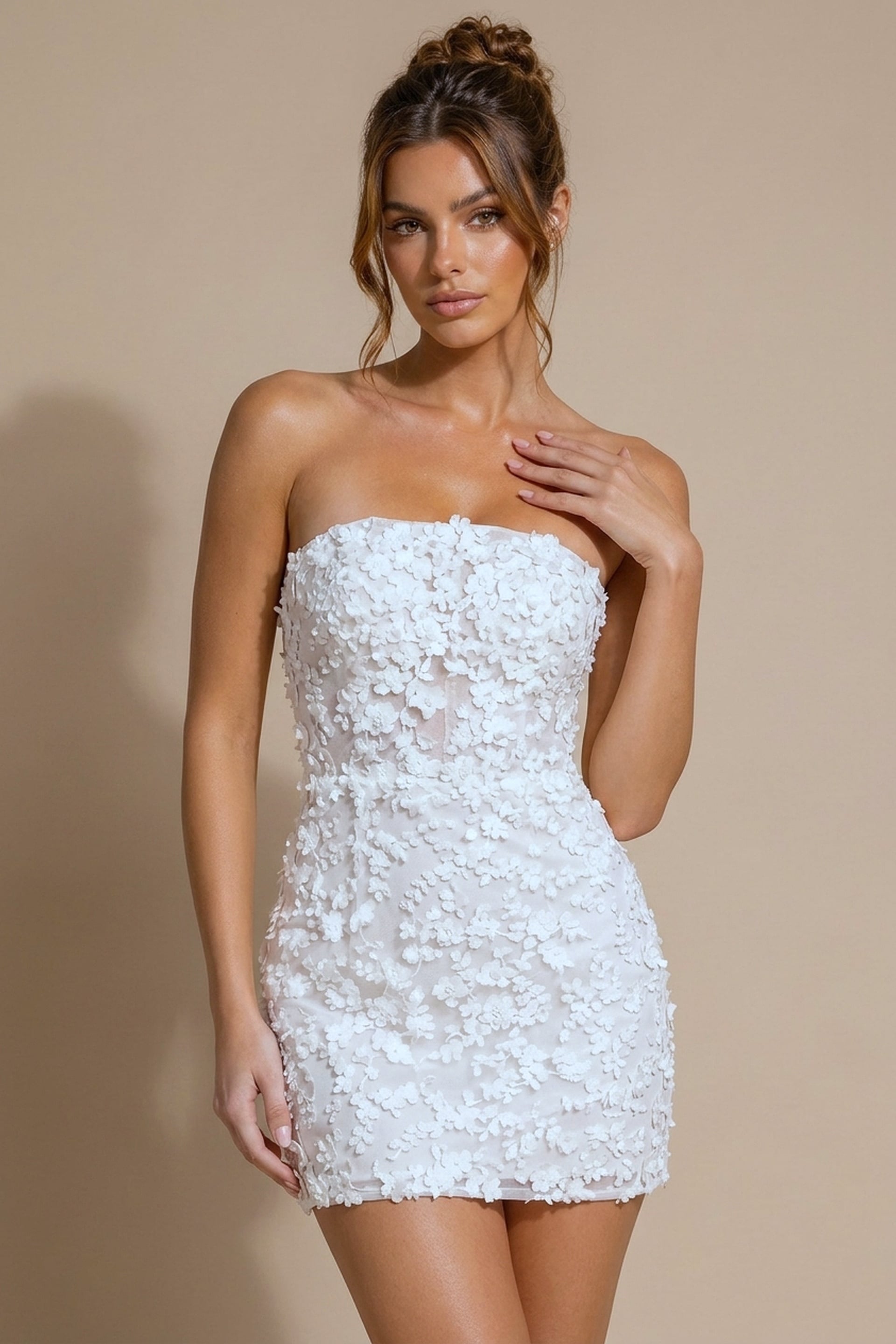 Strapless Straight Neck Mini Lace Cocktail Bodycon Jovani 52072